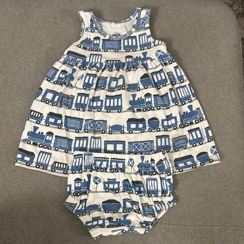 12 month Blue and White Train Print Dress Set